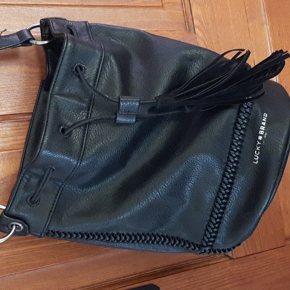 Lucky Brand Bags Lucky Brand Bucket Crossbody Bag Black Leather Drawstring Fringe Ties